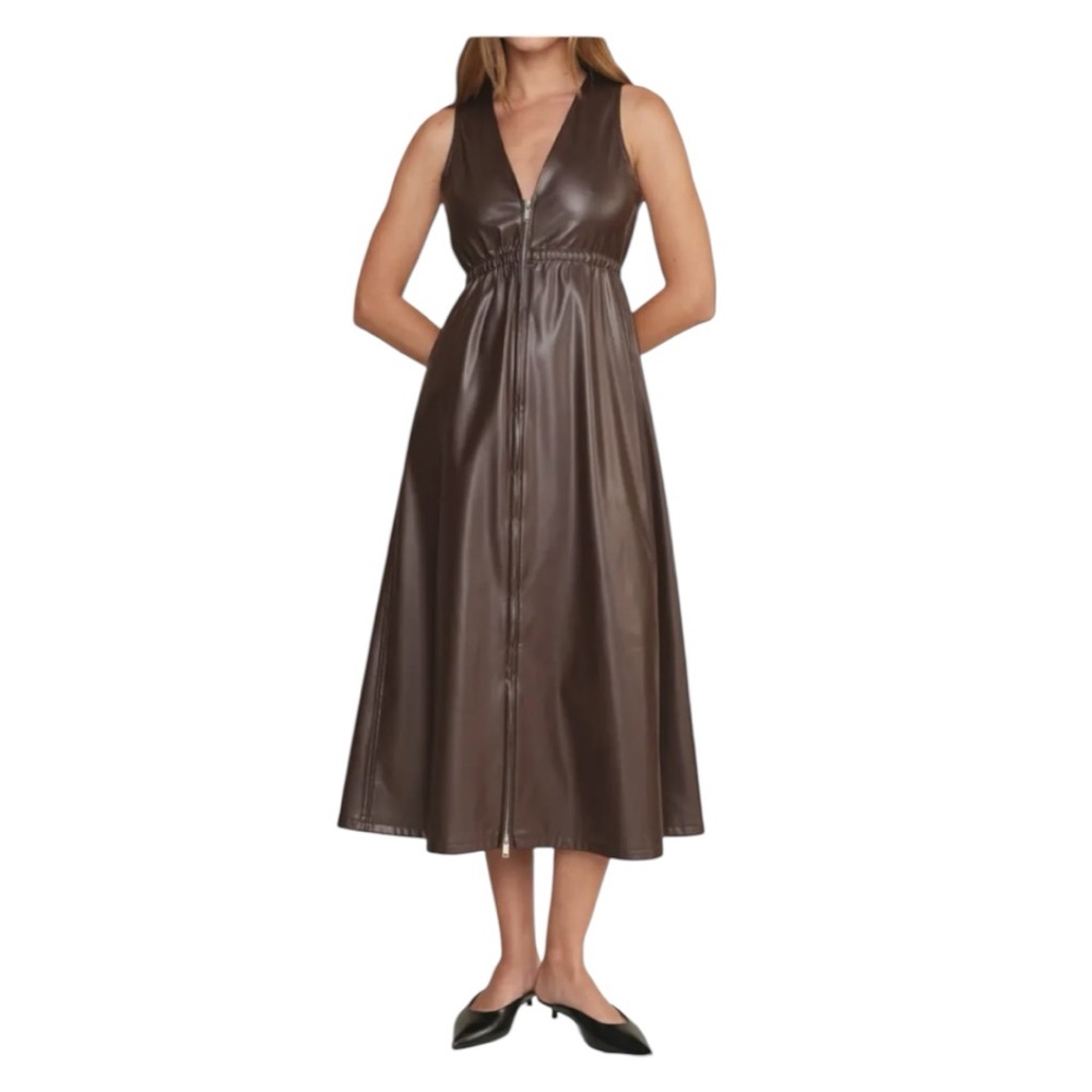DÈLUC Wine Brown Faux Leather Midi Dress Sleeveless Fit & Flare NWT Size XS $150